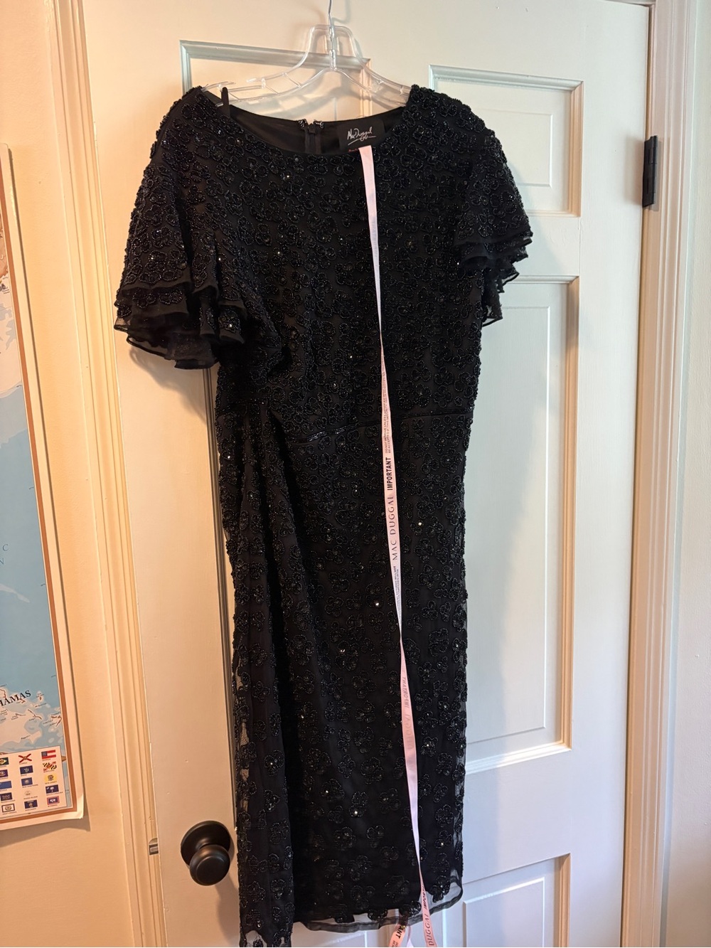 Mac Duggal Flounve Sleeve Black Midi Beaded Cocktail Dress
